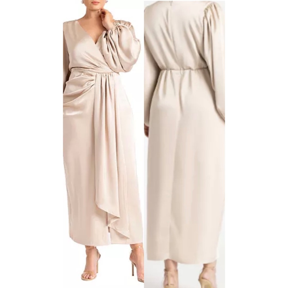 Eloquii Champagne Satin Wrap Maxi Dress‎ Long Bishop Sleeve Plus Size 18 NWT